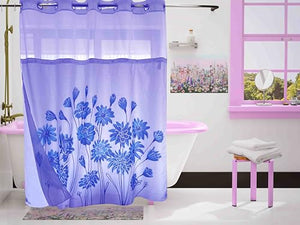 Whatarter Blue Floral Teal Flower Shower Curtain No Hook with Snap-in Liner Top Window Hotel Luxury Fabric Cloth Decor Bathroom Double Layers Mesh Curtains Sets Decorative 71 x 74 inches