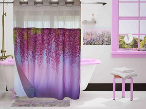 Занавеска для душа Whatarter с розовым листом без крючка с защелкивающимся вкладышем, верхнее окно, гостиничная ткань, декор для ванной комнаты, двухслойные красные цветочные зеленые цветочные шторы, наборы декоративных 71 х 74 дюйма
