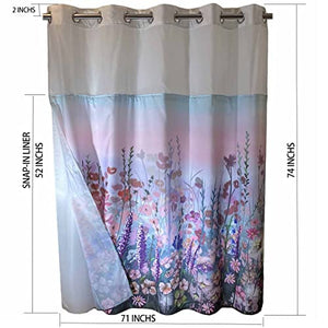 Whatarter Pink Floral Purple Shower Curtain No Hook with Snap-in Liner Double Layers Mesh Top Window Hotel Luxury Colorful Flower Fabric Cloth Decor Bathroom Curtains Sets Decorative 71 x 74 inches
