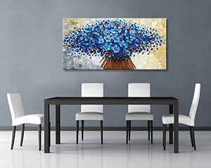 Hand Painted Abstract Canvas Wall Art Modern Textured Blue Flower Oil Painting Contemporary Artwork Floral Hanging Decor Stretched And Framed Ready to Hang (40"W x 20"H, Blue)