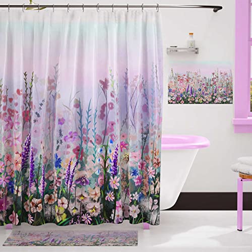 Rideau de douche floral rose violet pour salle de bain fleurs colorées décor romantique de fleurs sauvages