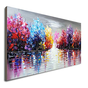 Hand Painted Lake Landscape Canvas Wall Art with Colorful Tree Thick Texture Oil Painting Abstract Artwork (48 x 24 inch)