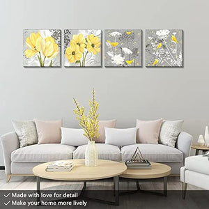 Wall HDQ Arte de pared amarillo gris lienzo flores pájaros decoración de pared para sala de estar baño abstracto moderno floral grandes carteles impresos obras de arte enmarcadas colgar cuadros para decoración del hogar 12.0 x 12.0 x 4 paneles