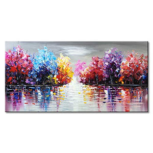 Toile murale peinte à la main avec paysage de lac avec arbre coloré, texture épaisse, peinture à l'huile, oeuvre abstraite (48 x 24 pouces)