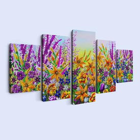 Whatarter Romantische Wildblumen-Wandkunst, lila, bunte Blume, gelbe Bilder, Wanddekoration, Leinwand für Mädchen, Schlafzimmer, gerahmte Kunstdrucke, Leinwand, Frühlingsgemälde (Gesamtgröße: 60'' B x 32'' H)