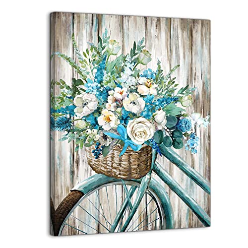 3LDECOR Bathroom Canvas Wall Decor Blue Retro Bike wall art rural Style Flower Basket artwork for Farmhouse Dining Room, Kitchen, Bedroom, Office…