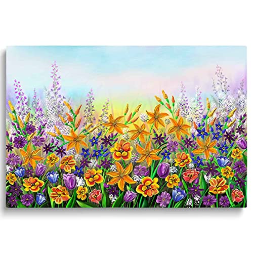 Whatarter Purple Large Tree Framed Yellow Floral Spring Picture Colorful Flowers Artwork Wildflower Canvas Painting Wall Art Pics for Living Room Bedroom Office Green Tree Wall Art Home Decor- 24