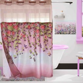 Whatarter Rideau de douche à motif floral rouge et feuille verte sans crochet avec doublure à clipser pour fenêtre supérieure, hôtel, tissu de luxe, décoration de salle de bain, double couche en maille, ensembles de rideaux décoratifs 71 x 74 pouces