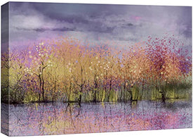 wall26 Leinwanddruck, Wandkunst, Lila und Gelb, Aquarell, Waldreflexion, Natur, Wildnis, Illustrationen, Realismus, rustikal, szenisch, bunt, mehrfarbig, für Wohnzimmer, Schlafzimmer, Büro – 40,6 x 61 cm