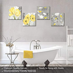 Wall HDQ Arte de pared amarillo gris lienzo flores pájaros decoración de pared para sala de estar baño abstracto moderno floral grandes carteles impresos obras de arte enmarcadas colgar cuadros para decoración del hogar 12.0 x 12.0 x 4 paneles