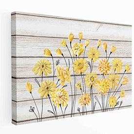 Whatarter Toile florale jaune – Peinture murale pour chambre à coucher, cuisine, salon – Décoration de fleur jaune sur fond gris – Décoration moderne pour bureau à domicile prête à accrocher 61 x 40,6 cm