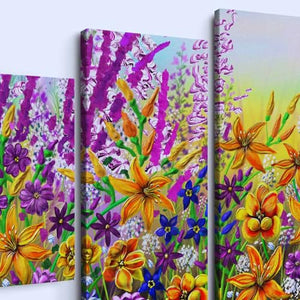 Whatarter Décoration murale romantique avec fleurs sauvages violettes et colorées jaunes - Décoration murale pour chambre de fille - Impressions artistiques encadrées - Peintures printanières (taille totale : 152,4 x 81,3 cm)