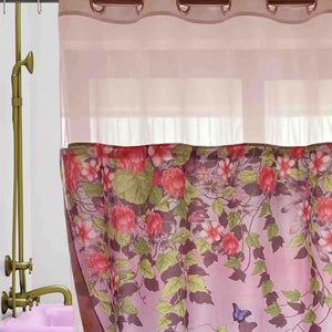 Whatarter Cortina de ducha con diseño floral, color verde y rojo, sin gancho, con forro a presión, para ventana superior, hotel, tela de lujo, decoración de baño, doble capa, juego de cortinas de malla decorativas de 71 x 74 pulgadas