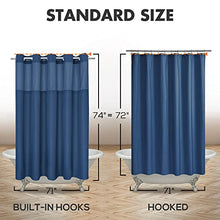Загрузите изображение в программу просмотра галереи, Текстурированная занавеска для душа без крючков Slub с набором подкладок PEVA — 71 x 74 дюйма (72 дюйма), гостиничный стиль, прозрачное верхнее окно, ткань, допускающая машинную стирку, водоотталкивающая, темно-синий, 71x74