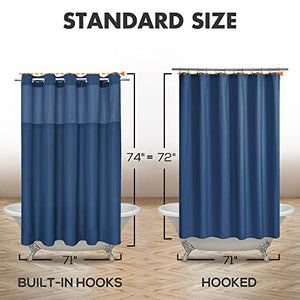 No Hook Slub Textured Shower Curtain with PEVA Liner Set - 71" x 74"(72"), Hotel Style with See Through Top Window, Machine Washable & Water Repellent Fabric, Navy Blue, 71x74
