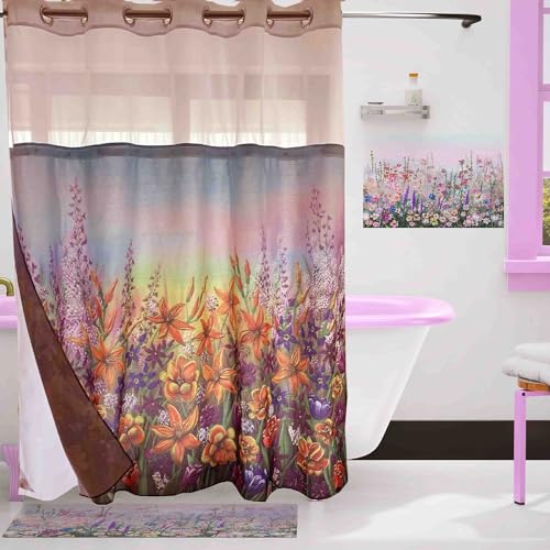 Whatarter Purple Floral Yellow Flower Shower Curtain No Hook with Snap-in Liner Top Window Hotel Luxury Fabric Cloth Decor Bathroom Double Layers Mesh Curtains Sets Decorative 71 x 74 inches