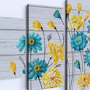 Whatarter Yellow Blue Flowers Wall Art Home Decor Canvas Painting Kitchen Prints Pictures for Home Living Dining Room Bedroom Framed Grey Background Modern Artwork(Overall Size: 60''W x 32''H)