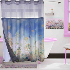 Whatarter Yellow Floral Blue Sky Shower Curtain No Hook with Snap-in L