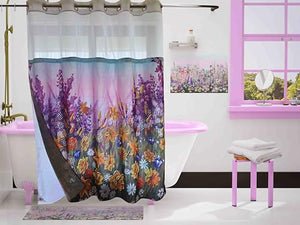 Whatarter Yellow Floral Shower Curtain Purple Flower No Hook with Snap-in Liner Top Window Hotel Luxury Fabric Cloth Decor Bathroom Double Layers Mesh Curtains Sets Decorative 71 x 74 inches