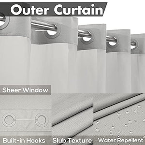 Текстурированная занавеска для душа без крючков Slub с набором подкладок из полиэтилена PEVA — 71 x 74 дюйма (72 дюйма), гостиничный стиль, прозрачное верхнее окно, машинная стирка и водоотталкивающий эффект, серый, 71x74