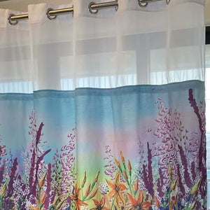 Whatarter Duschvorhang mit violettem Blumenmuster, gelber Blume, ohne Haken, mit Snap-in-Einlage für oberes Fenster, Hotel, luxuriöser Stoff, Dekor, Badezimmer, doppellagige Netzvorhänge-Sets, dekorativ, 180 x 183 cm