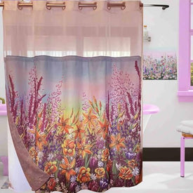 Whatarter Duschvorhang mit violettem Blumenmuster, gelber Blume, ohne Haken, mit Snap-in-Einlage für oberes Fenster, Hotel, luxuriöser Stoff, Dekor, Badezimmer, doppellagige Netzvorhänge-Sets, dekorativ, 180 x 183 cm