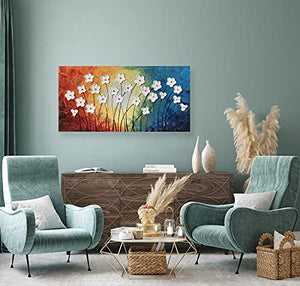 Arte floral colorido de la pared Pinturas al óleo de flores blancas pintadas a mano grandes con 3d sobre lienzo para la decoración del dormitorio de la sala de estar Cuadros botánicos abstractos Obras de arte para paredes