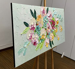 ART 24X48 pulgadas moderno abstracto pintado a mano 3D texturizado colorido flor pared arte ramo floral pinturas al óleo sobre lienzo naturaleza muerta arte estirado y enmarcado listo para colgar para sala de estar dormitorio