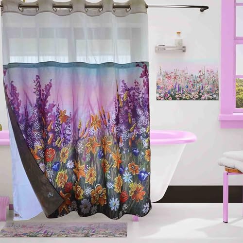Whatarter Yellow Floral Shower Curtain Purple Flower No Hook with Snap-in Liner Top Window Hotel Luxury Fabric Cloth Decor Bathroom Double Layers Mesh Curtains Sets Decorative 71 x 74 inches