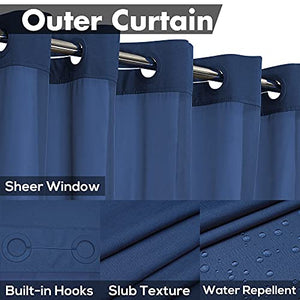 Текстурированная занавеска для душа без крючков Slub с набором подкладок PEVA — 71 x 74 дюйма (72 дюйма), гостиничный стиль, прозрачное верхнее окно, ткань, допускающая машинную стирку, водоотталкивающая, темно-синий, 71x74