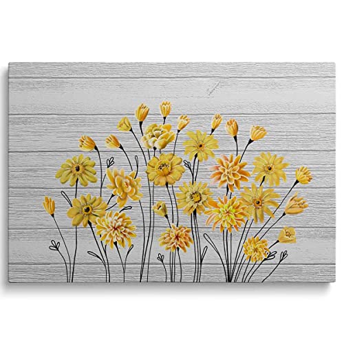 Whatarter Lienzo floral amarillo – Pintura de pared para dormitorio, cocina, sala de estar – Cuadro de flores amarillas fondo gris moderno hogar oficina decoración listo enmarcado para colgar 24.0 x 16.0 in