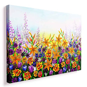 Whatarter Purple Large Tree Framed Yellow Floral Spring Picture Colorful Flowers Artwork Wildflower Canvas Painting Wall Art Pics for Living Room Bedroom Office Green Tree Wall Art Home Decor- 24"x16"