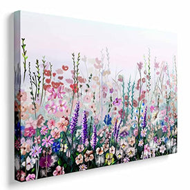 Whatarter Wildflower Romantische Wandkunst, rosa, bunte Blume, lila Bilder, Wanddekoration, Leinwand für Mädchen, Schlafzimmer, gerahmte Kunstdrucke, Leinwand, Frühlingsgemälde, Wanddekorationen, 40,6 x 61 cm