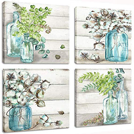 Pintura de flores Arte de la pared Acuarela MasonJar Imagen floral Obra de arte 4 paneles Pintura al óleo moderna Impresión sobre lienzo para dormitorio Sala de estar Listo para colgar