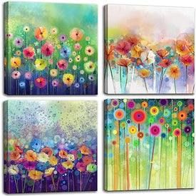 Abstrakte florale Leinwand-Wandkunst, bunte Blumen, Kunstwerke, Gemälde, Drucke, moderne Aquarellbilder, gerahmt für Wohnzimmer, Schlafzimmer, Badezimmer, Büro, Heimdekoration – 30,5 x 30,5 x 10,2 cm