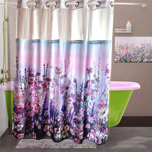 Tenda da doccia viola floreale rosa senza gancio con fodera a scatto e finestra superiore in rete a doppio strato