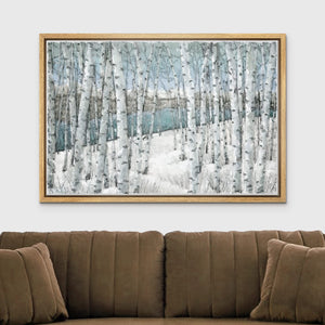 wall26 Framed Canvas Print Wall Art White Birch Tree Forest in Winter Landscape Nature Plants Digital Art Realism Rustic Landscape Colorful Cool for Living Room, Bedroom, Office - 24x36 Natural