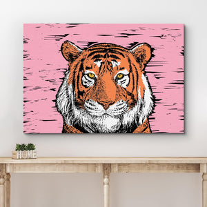 wall26 Lienzo impreso en lienzo, estilo de dibujos animados, tigre sobre fondo rosa, graffiti y arte callejero, ilustraciones de la naturaleza, arte pop, animales oscuros para sala de estar, dormitorio, oficina, 16.0 x 24.0 in