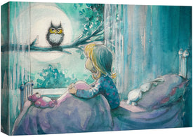 wall26 Leinwanddruck, Wandkunst, Mädchen im Bett blickt auf Waldeule im Mondlicht, Kinder-Wildnis-Illustrationen, moderne Kunst, rustikal, szenisch, Entspannung/Ruhe, Zen, bunt, für Wohnzimmer, Schlafzimmer, Büro – 40,6 x 61 cm