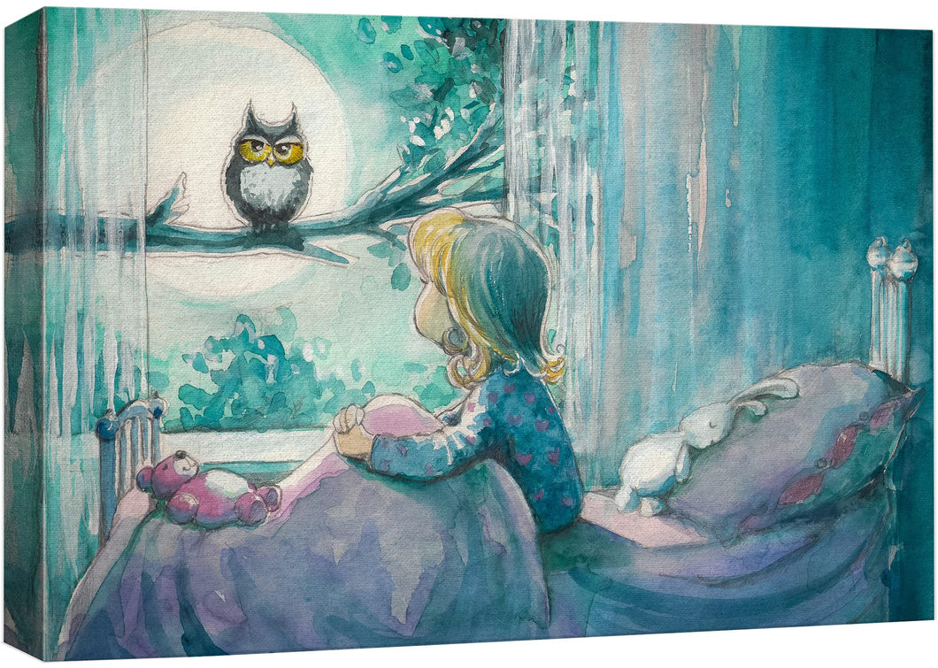wall26 Canvas Print Wall Art Girl in Bed Looks at Forest Owl in Moonlight Kids Wilderness Illustrations Modern Art Rustic Scenic Relax/Calm Zen Colorful for Living Room, Bedroom, Office - 16