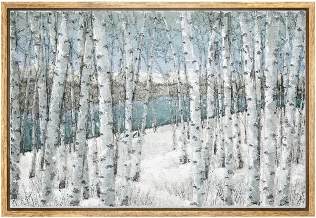 wall26 Framed Canvas Print Wall Art White Birch Tree Forest in Winter Landscape Nature Plants Digital Art Realism Rustic Landscape Colorful Cool for Living Room, Bedroom, Office - 24x36 Natural