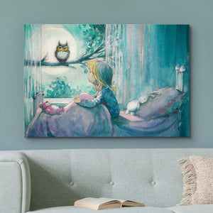wall26 Canvas Print Wall Art Girl in Bed Looks at Forest Owl in Moonlight Kids Wilderness Illustrations Modern Art Rustic Scenic Relax/Calm Zen Colorful for Living Room, Bedroom, Office - 16"x24"