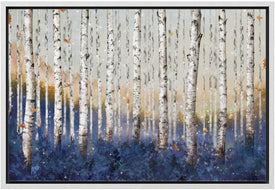 wall26 Gerahmter Leinwanddruck, Wandkunst, weiße Birke mit blauem Wald, Natur, Wildnis, Illustrationen, Realismus, rustikal, malerisch, bunt, mehrfarbig, für Wohnzimmer, Schlafzimmer, Büro – 61 x 91,4 cm, Weiß