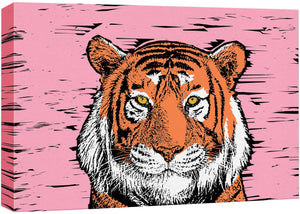 wall26 Canvas Print Wall Art Cartoon Style Tiger on Pink Background Graffiti & Street Art Nature Illustrations Pop Art Animals Dark for Living Room, Bedroom, Office - 16"x24"