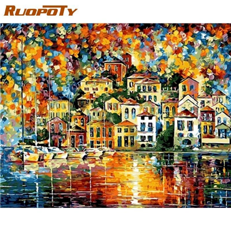 RUOPOTY 60x75cm Diy Oil Painting By Numbers Colorful House Landscape Paints Kits Drawing Canvas Home Living Room Decor Artwork