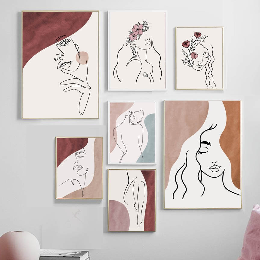 Cuadro sobre lienzo para pared de niña con cuerpo de flor de línea dibujada, carteles nórdicos abstractos e impresiones, imágenes de pared para decoración para las paredes del salón