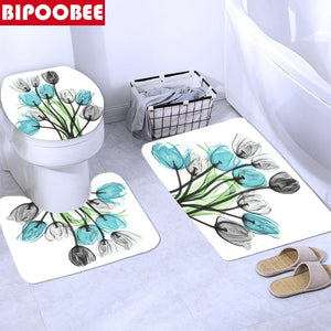 Bunte Tulip Lotus Blumen Bäume Duschvorhang-Sets Rutschfeste Teppiche Toilettendeckelabdeckung und Badematte Wasserdichte Badezimmervorhänge