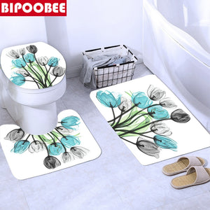 Coloré Tulipe Lotus Fleurs Arbres Ensembles De Rideaux De Douche Tapis Antidérapants Couverture De Couvercle De Toilette Et Tapis De Bain Rideaux De Salle De Bains Imperméables