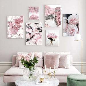 Kirschblüten Pfingstrose Nelke Blume Berg Nordic Poster und Drucke Wandkunst Leinwand Malerei Wandbilder für Wohnzimmer