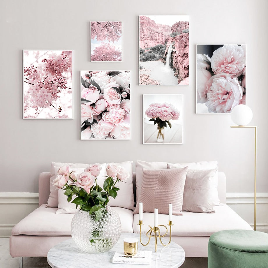 Flores de cerezo peonía clavel flor montaña carteles nórdicos e impresiones cuadro sobre lienzo para pared cuadros para sala de estar